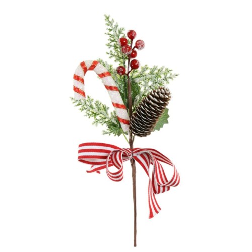 Candy Cane and Ribbon Pick 38cm - X25041 Candy Cane and Ribbon Pick 38cm - X25041