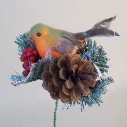 Christmas Pick Robin Pine Cone and Artificial Berries - 16X016 