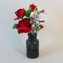 Artificial Flower Arrangements | Red Roses and Berries in Grey Vase - 18X086 BS1B