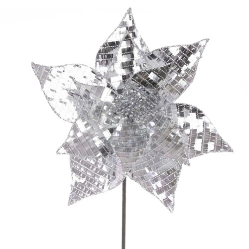 Mirror Disco Ball Poinsettia Silver 50cm - X25065 Mirror Disco Ball Poinsettia Silver 50cm - X25065