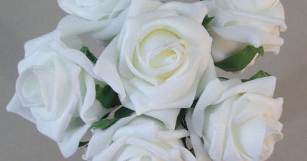 8CM FOAM ROSES Bunch of 6 Colourfast Artificial Wedding Bouquet Flowers IVORY