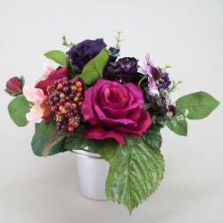 Silk Flowers Filled Grave Pot Wine Silk Rose and Berries - AG003