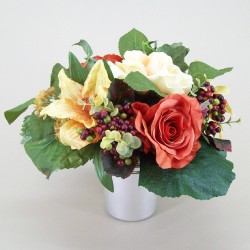Silk Flowers Filled Grave Pot Terracotta Rose and Berries - AG001