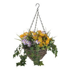 Artificial Primulas and Ivy Hanging Basket Yellow and Lilac - HAN012