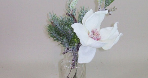 Artificial Flower Arrangements Frosted Magnolia And Spruce In Glass Bottle Vase