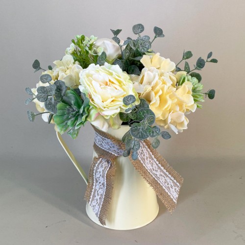 Hydrangeas and Camellias in Lemon Enamelled Jug 30cm | Artificial Flower Arrangements - JUG011 Hydrangeas and Camellias in Lemon Enamelled Jug 30cm | Artificial Flower Arrangements - JUG011