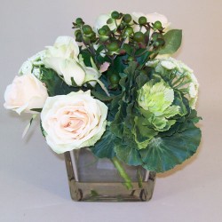 Artificial Flower Arrangements | Avalanche Roses and Cabbages in Cube Vase - ROS044 6B