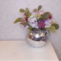 Centerpiece Arrangement | Camellias Roses and Hydrangeas in Silver Crackle Glass Vase - CAM001