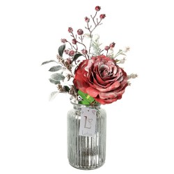 Artificial Flower Arrangements | Red Rose and Berries in Silver Vase - 17X134