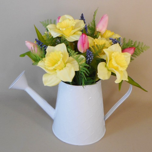 Daffodils and Tulips in White Watering Can | Artificial Flower Arrangements - DAF001 2C
