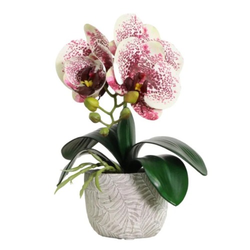 Mini Artificial Orchid Plant in Ceramic Pot White Burgundy 28cm - ORC001 4D Mini Artificial Orchid Plant in Ceramic Pot White Burgundy 28cm - ORC001 4D