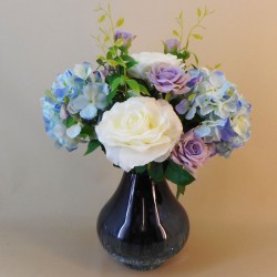 Centerpiece Arrangement | Roses and Hydrangeas in Blue Crackle Glass Vase - ROS081 6A