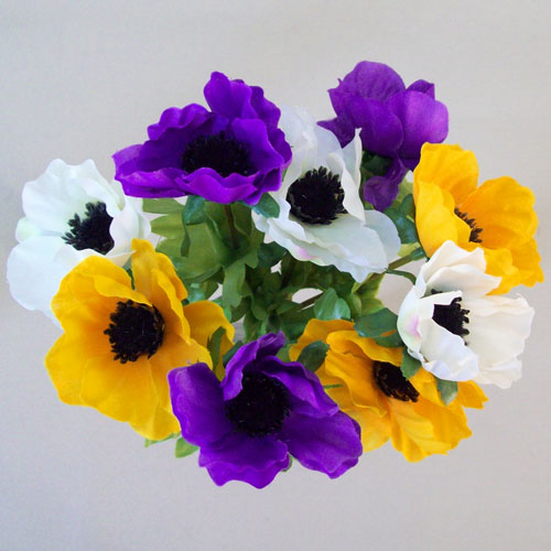 Silk Anemones Posy Purple Yellow and White 29cm - A086 C4