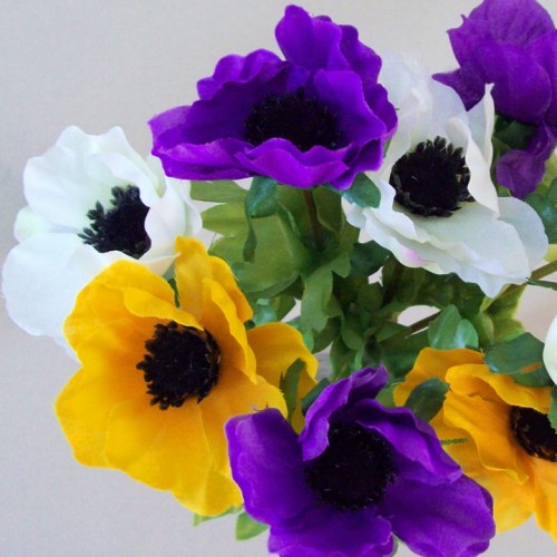 Silk Anemones Posy Purple Yellow and White 29cm - A086 C4