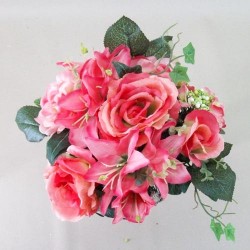 Artificial Flowers Posy Roses Lilies and Hydrangeas Coral Pink 29cm - R171 N3