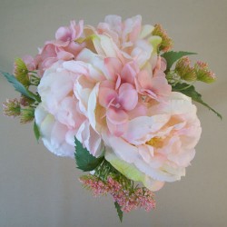 Artificial Hydrangeas Roses and Queen Anne's Lace Bouquet Pink Peach 22cm - H100 FF2