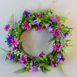 Artificial Meadow Flowers Wreath or Centrepiece Pink and Purple 55cm - M083 Q2
