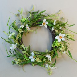 Artificial Meadow Flowers Wreath or Centrepiece White and Green Flowers 55cm - M088 GG2