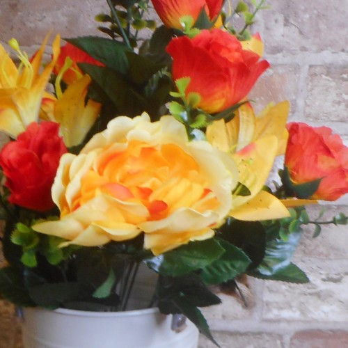 Artificial Roses, Lilies and Peonies Bouquet Orange Yellow 54cm - R720 