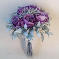Eternity Artificial Roses Bouquet Aubergine Purple with Grey Green Leaves 21cm - R246 N1
