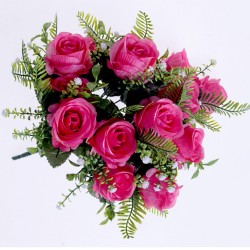 Artificial Roses Bush with Gypsophila Hot Pink 42cm - R529 HH4