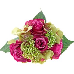 Rose & Hydrangea Bunch - Cerise & Green Mix 28cm - R526 T4