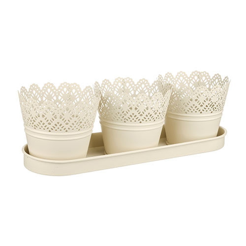 Set of Three Cream Metal Plant Pots on a Tray - TIN007 10C