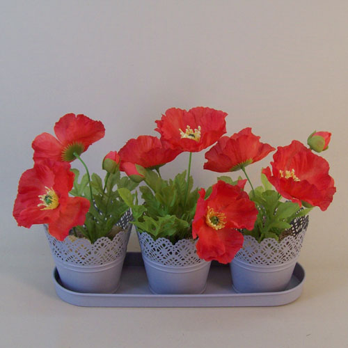 Set of Three Grey Metal Plant Pots on a Tray - TIN006 10C