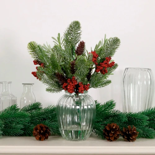 Christmas Flower Arrangements | Red Berries and Pine Cones in Ribbed Vase - X25036 PR1C