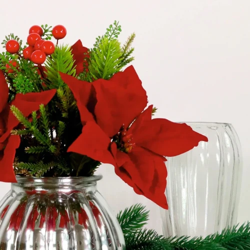 Christmas Flower Arrangements | Red Poinsettias and Berries in Silver Vase - X22001 PR1C