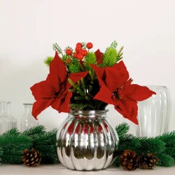 Christmas Flower Arrangements | Red Poinsettias and Berries in Silver Vase - X22001 PR1C