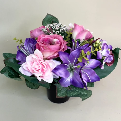 Silk Flowers Filled Grave Pot Lilies and Roses - AG003