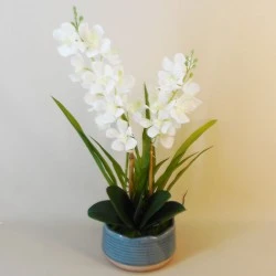 Artificial Vanda Orchid Plant in Teal Blue Ceramic Pot 57cm - ORC011 7C