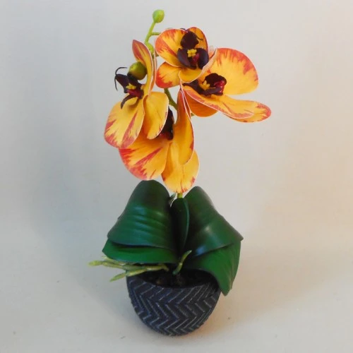 Mini Artificial Orchid Plant in Ceramic Pot Yellow Orange 28cm - ORC004 1D