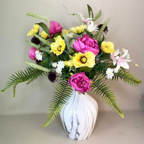 Amelia Faux Flowers Arrangement | Peony Poppy and Clematis Vase - AME001