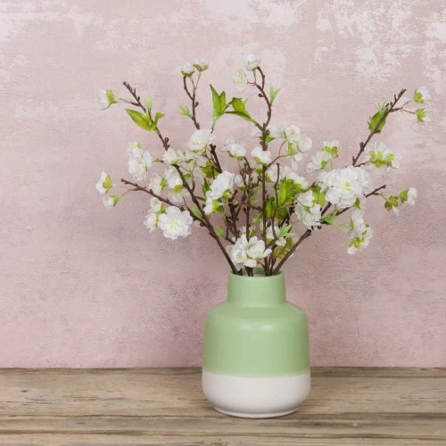 Artificial Flower Arrangement | White Blossom in Green Vase - BLV002 