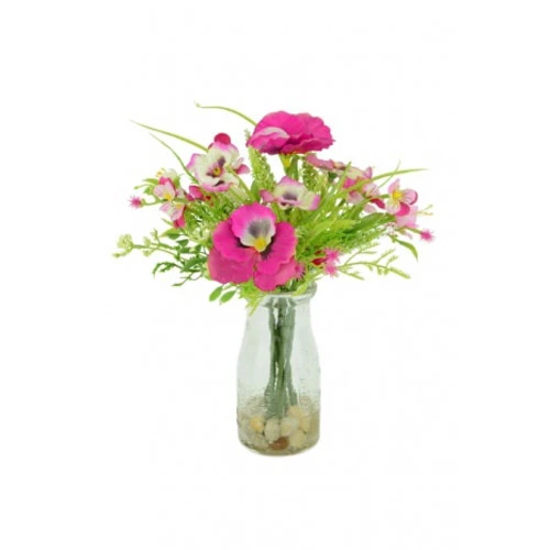 Artificial Pansies and Meadow Flowers Milk Bottle Vase Pink - PAN002 3B