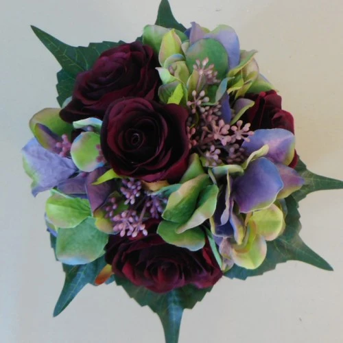 Burgundy Roses and Green Hydrangeas Artificial Flower Arrangements - ROS019 3C