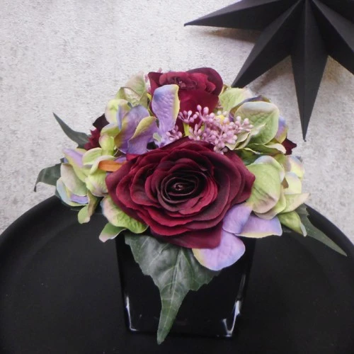Burgundy Roses and Green Hydrangeas Artificial Flower Arrangements - ROS019 3C