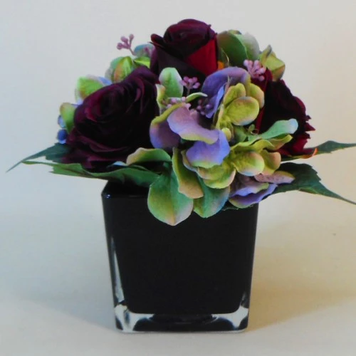 Burgundy Roses and Green Hydrangeas Artificial Flower Arrangements - ROS019 3C