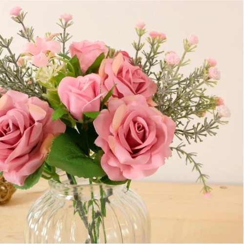 Mid Pink Roses in Vase Artificial Flower Arrangement 26cm - ROS068 2D