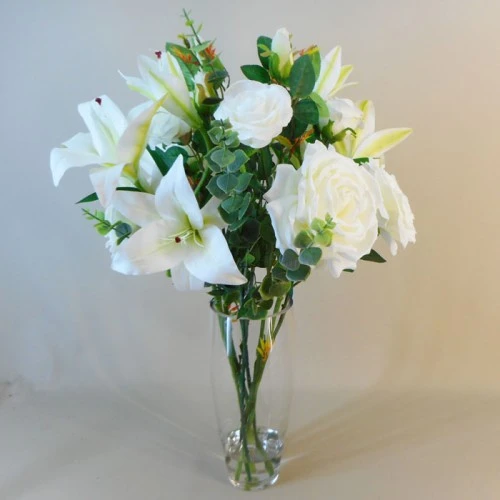Statement Artificial Flower Arrangement | Lilies and Roses White - LIL018 