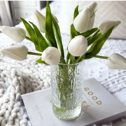 Artificial Flower Arrangements | White Faux Tulips in Glass Vase - TUL003 4A