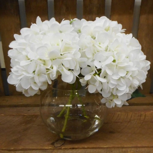 Centerpiece Arrangement | White Artificial Hydrangeas in Fish Bowl - HYD009 