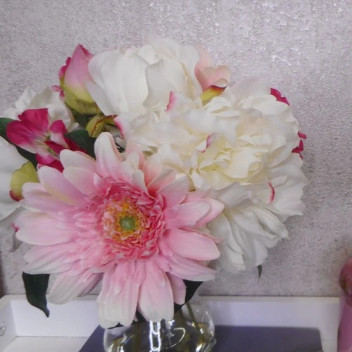 Artificial Flower Arrangement | White Peony and Pink Gerbera - PEO002 