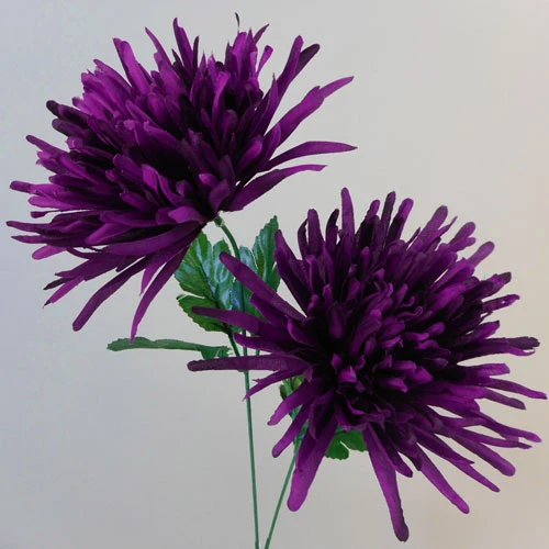 Artificial Spider Chrysanthemums Aubergine with Green Leaves 64cm - S108 D2