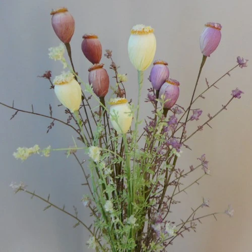 English Meadow Artificial Flowers Poppy Seed Heads Pink 53cm - P251 FF3