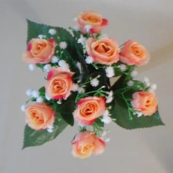 Artificial Rosebuds and Gypsophila Bouquet Peach x 9 29cm - R134 N1