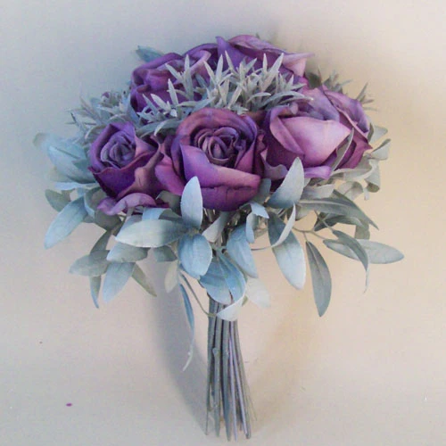 Eternity Artificial Roses Bouquet Aubergine Purple with Grey Green Leaves 21cm - R246 N1