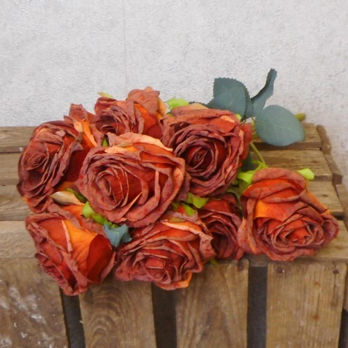 Antique Roses Bush Burnt Orange 45cm | Faux Dried Flowers - R498 I2